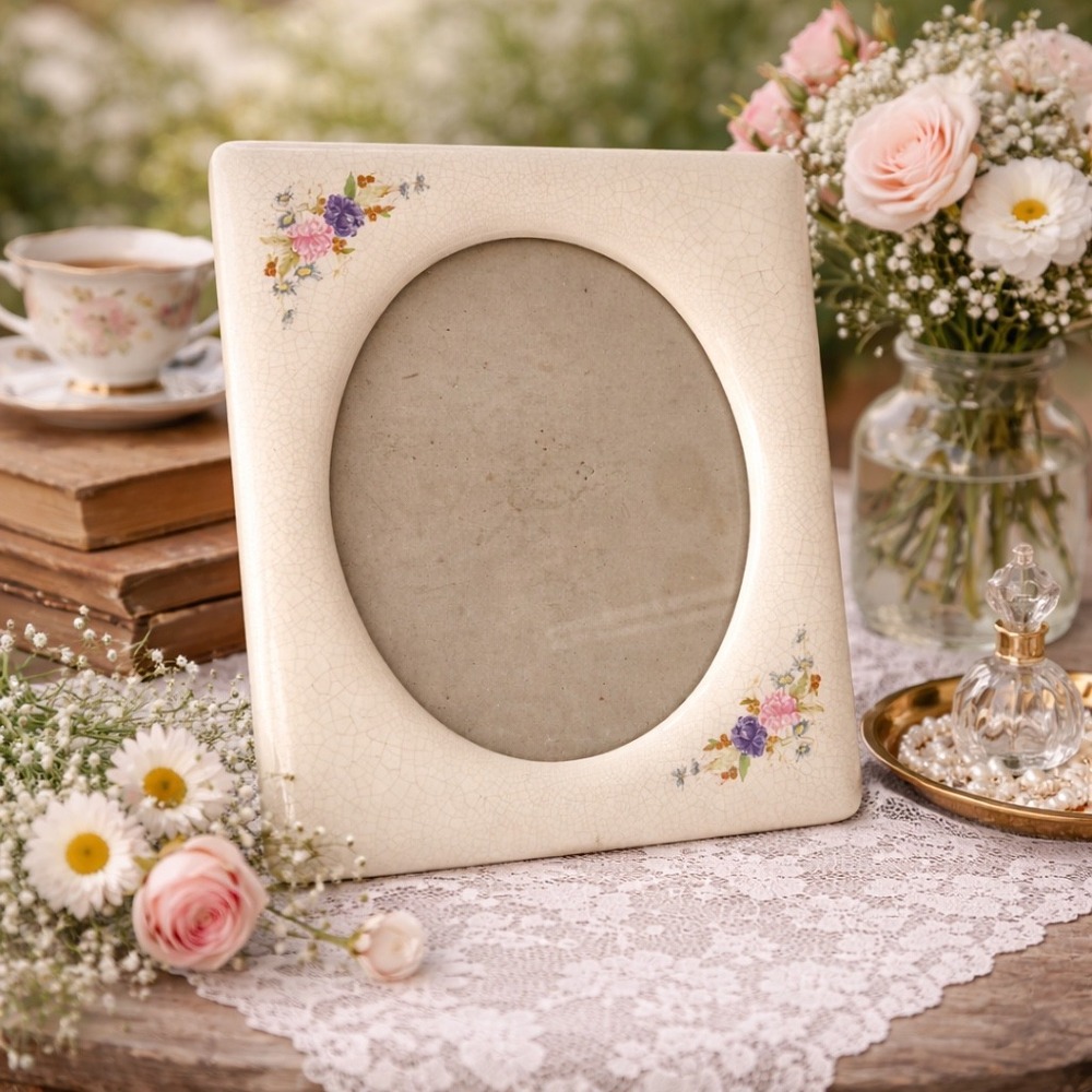 Ceramic Picture Frame Cream Floral Crackle Glaze Oval‎ Opening Vintage 8x10